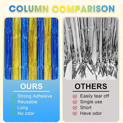 3 Pack 3.3 x 8.2 ft Blue Gold Foil Fringe Backdrop Curtains, Tinsel Streamers Party Decorations