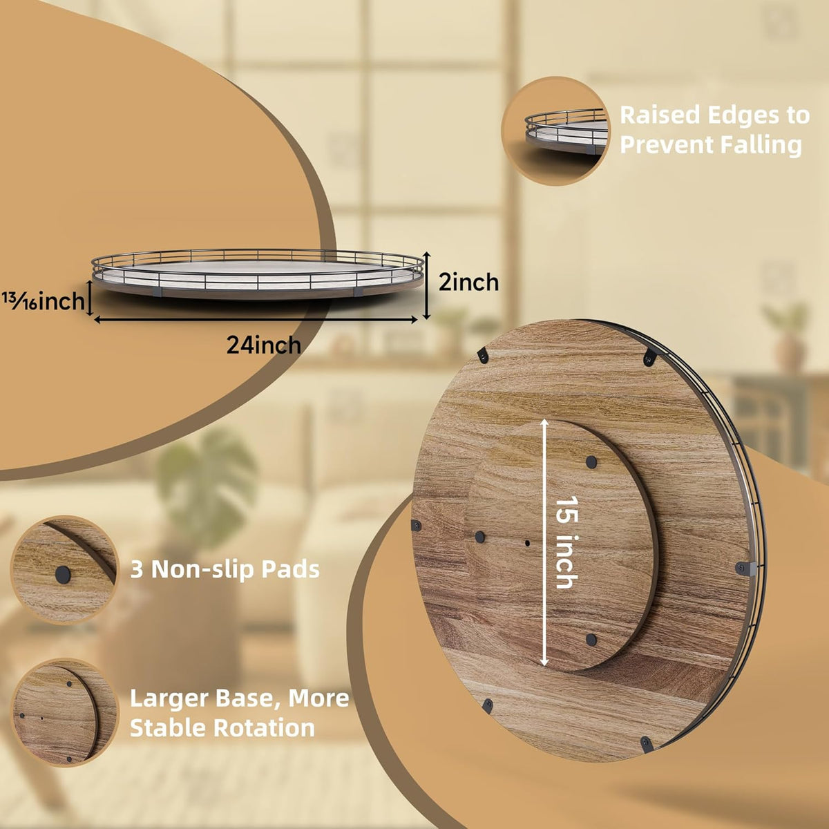 Acacia Wood 24" Lazy Susan Turntable Organizer for Table Top, Farmhouse Extra Large Round Lazy