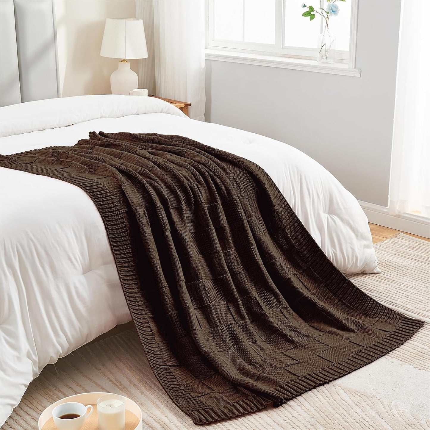 CozeCube Check Knit Throw Blanket, Dark Brown Checkered Throw for Couch, Decorative Christmas Soft