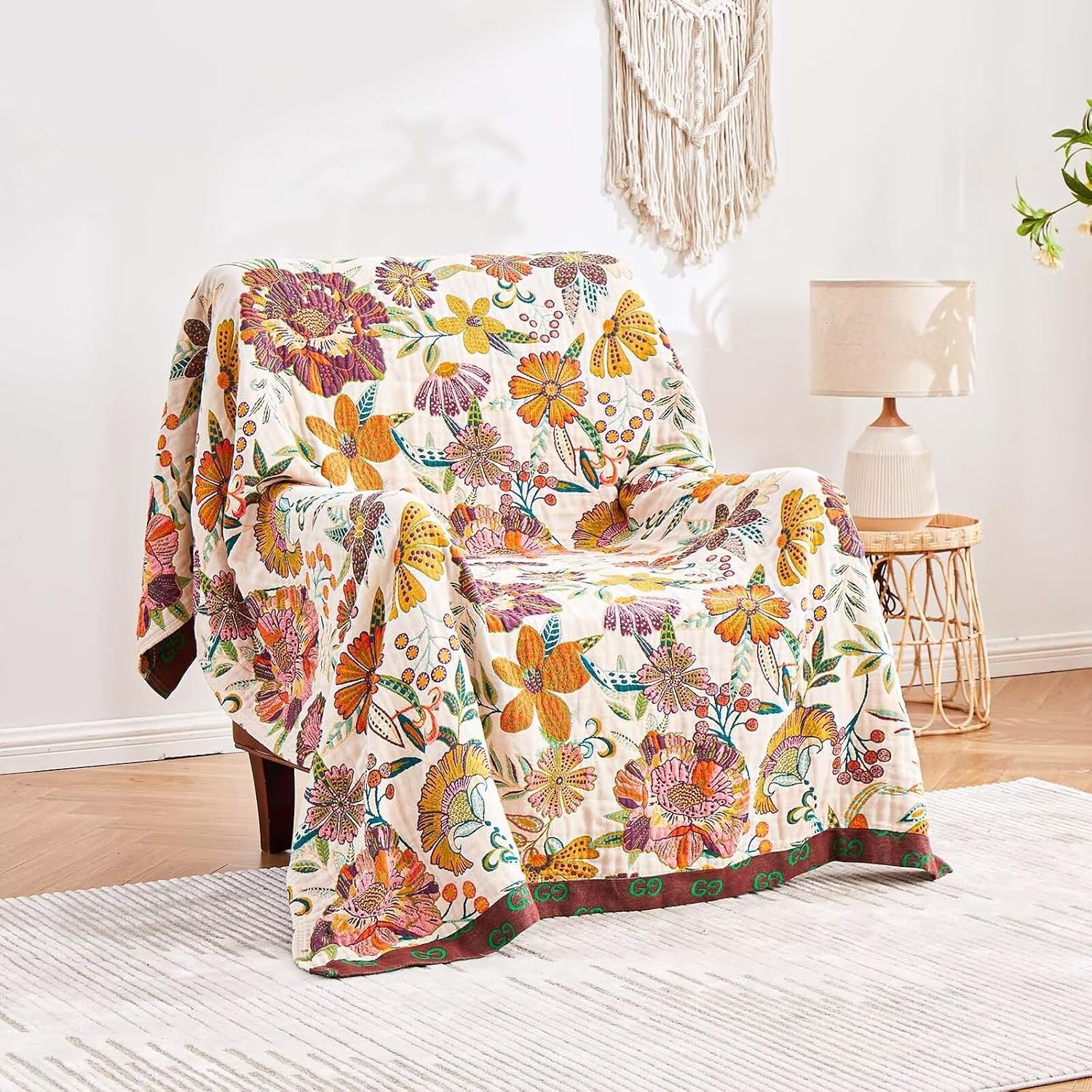 Boho Throw Blanket, 100% Cotton Ultra Soft Luxury Throw Rustic Quilt, 60"x80" Floral Printed