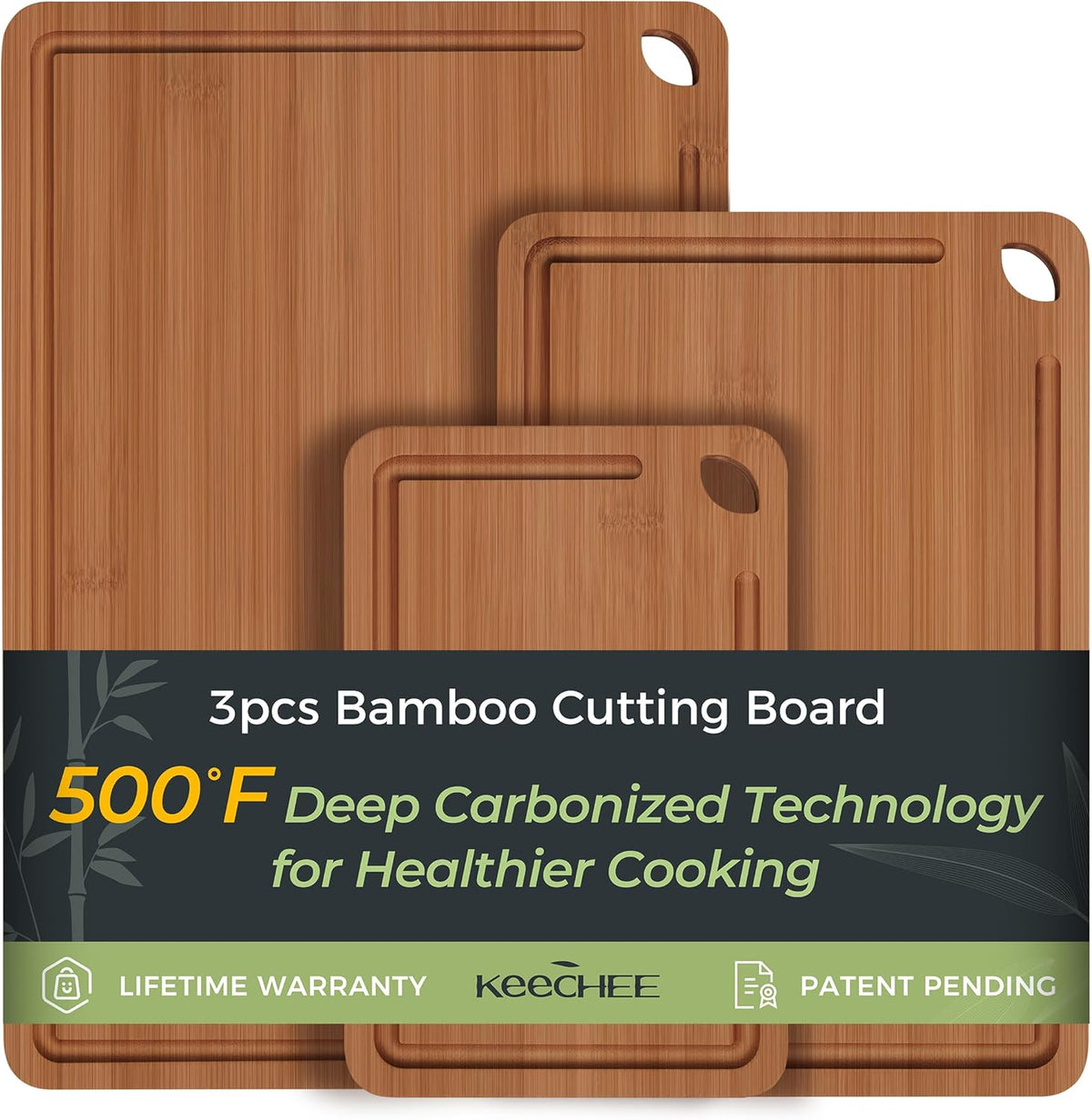 Bamboo Cutting Board, Durable Wood Cutting Boards for Kitchen with Deep Juice Grooves & Built-in