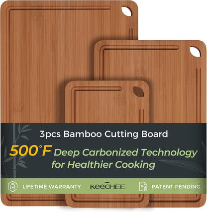 Bamboo Cutting Board, Durable Wood Cutting Boards for Kitchen with Deep Juice Grooves & Built-in