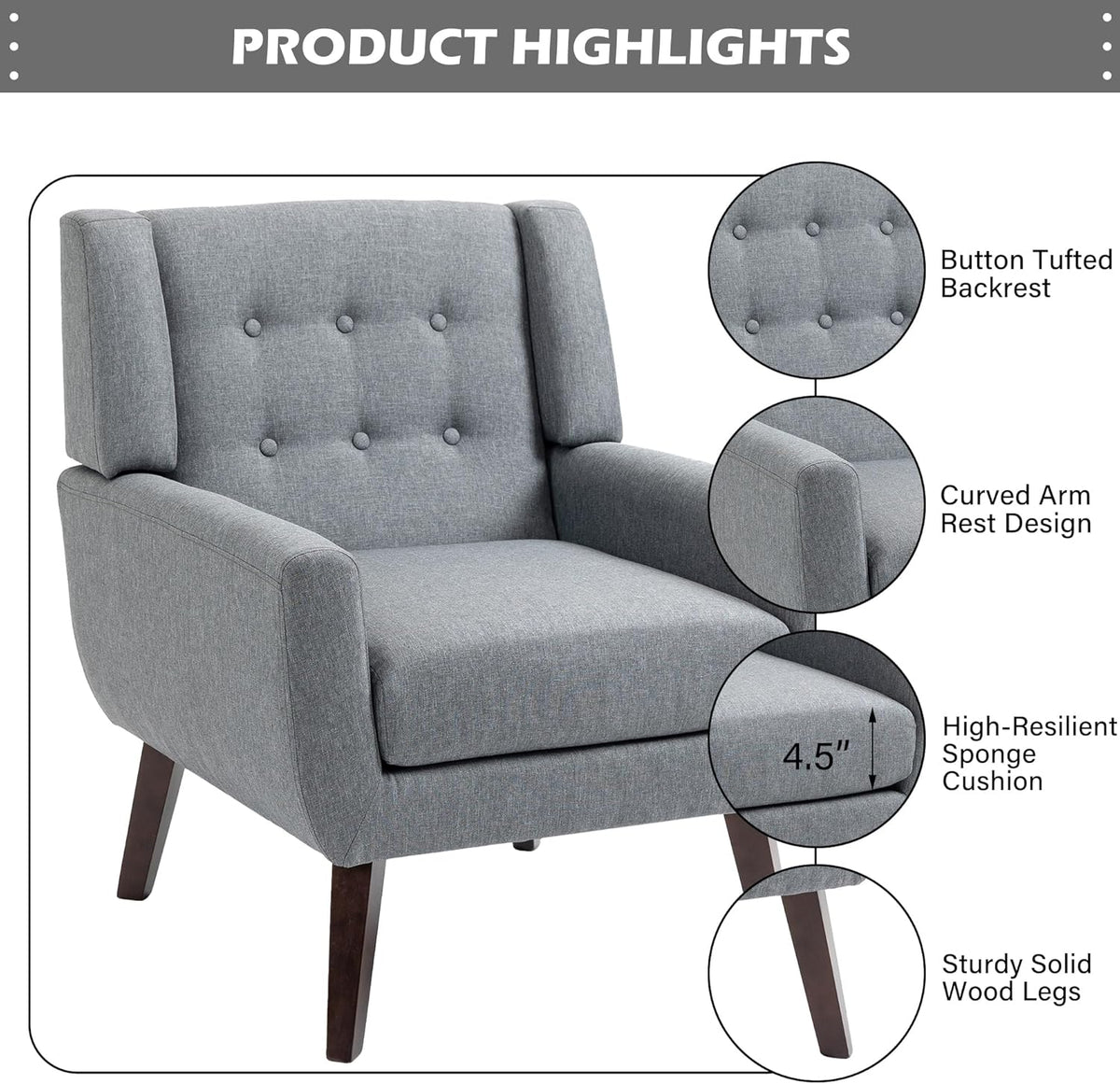 UIXE Accent Chair, Modern Upholstered Armchair in Fabric for Living Room, Comfy Club Arm Chairs