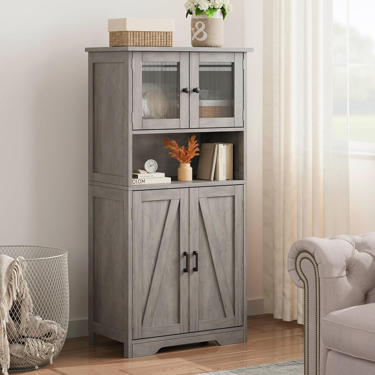 GarveeHome 54in Tall Bathroom Cabinet, Farmhouse Storage Cabinet with Glass Doors and Adjustable