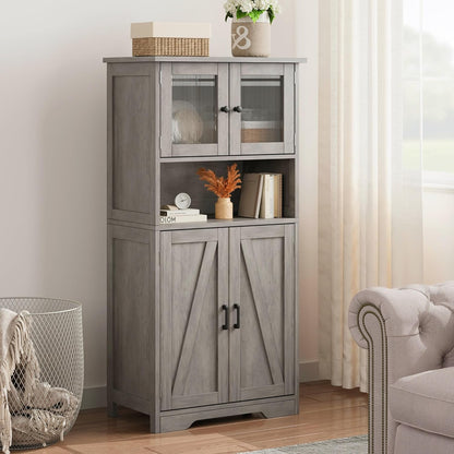 GarveeHome 54in Tall Bathroom Cabinet, Farmhouse Storage Cabinet with Glass Doors and Adjustable