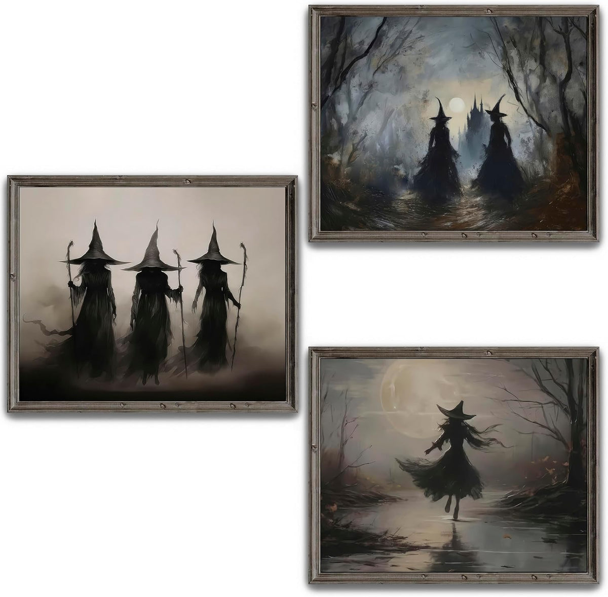 LANCHI95 3 Pcs 8x10in Vintage Rustic Witch Posters Halloween Wall Art Witch in The Forest Painting