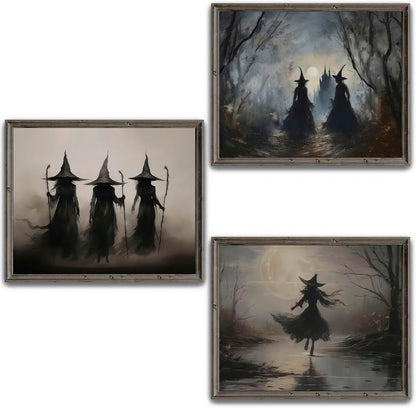 LANCHI95 3 Pcs 8x10in Vintage Rustic Witch Posters Halloween Wall Art Witch in The Forest Painting