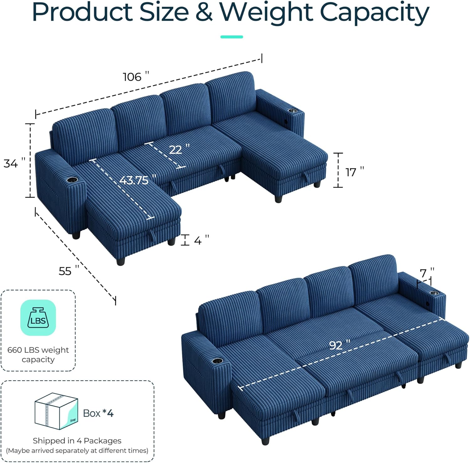 LINSY HOME Sectional Sleeper Sofa with Pull Out Couch Bed - Convertible Plush Corduroy Cloud Couch