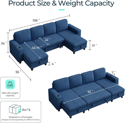 LINSY HOME Sectional Sleeper Sofa with Pull Out Couch Bed - Convertible Plush Corduroy Cloud Couch