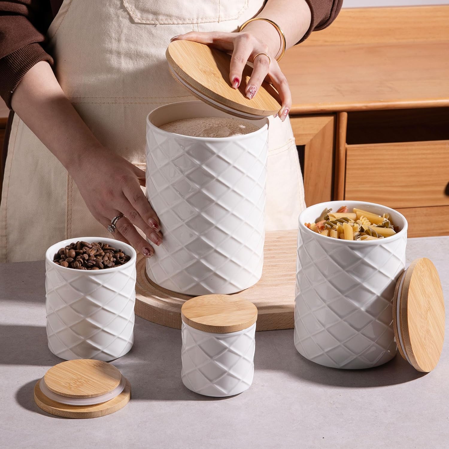 Sweejar Ceramic Canisters Sets for Kitchen Countertop, Relief Food Storage Jar with Bamboo Lid