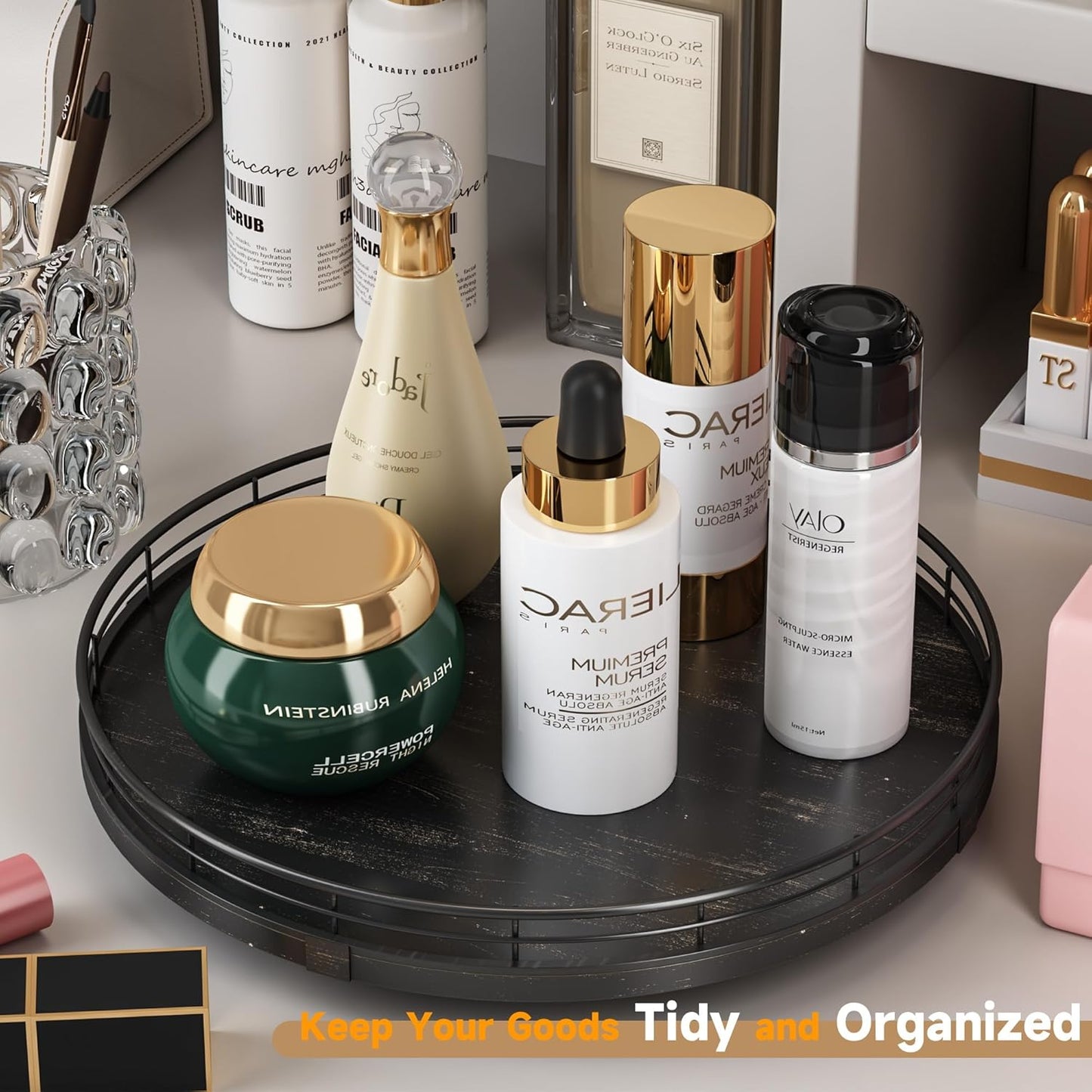 12" Oak Bathroom Vanity Tray Turntable for Perfume Candle, Round Wooden Decorative Tray for Kitchen