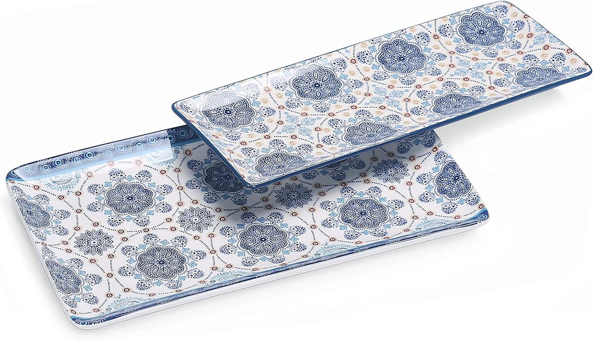Bico Blue Talavera Ceramic 14 inch Rectangular Serving Platter, Set of 2, for Serving Salad, Pasta
