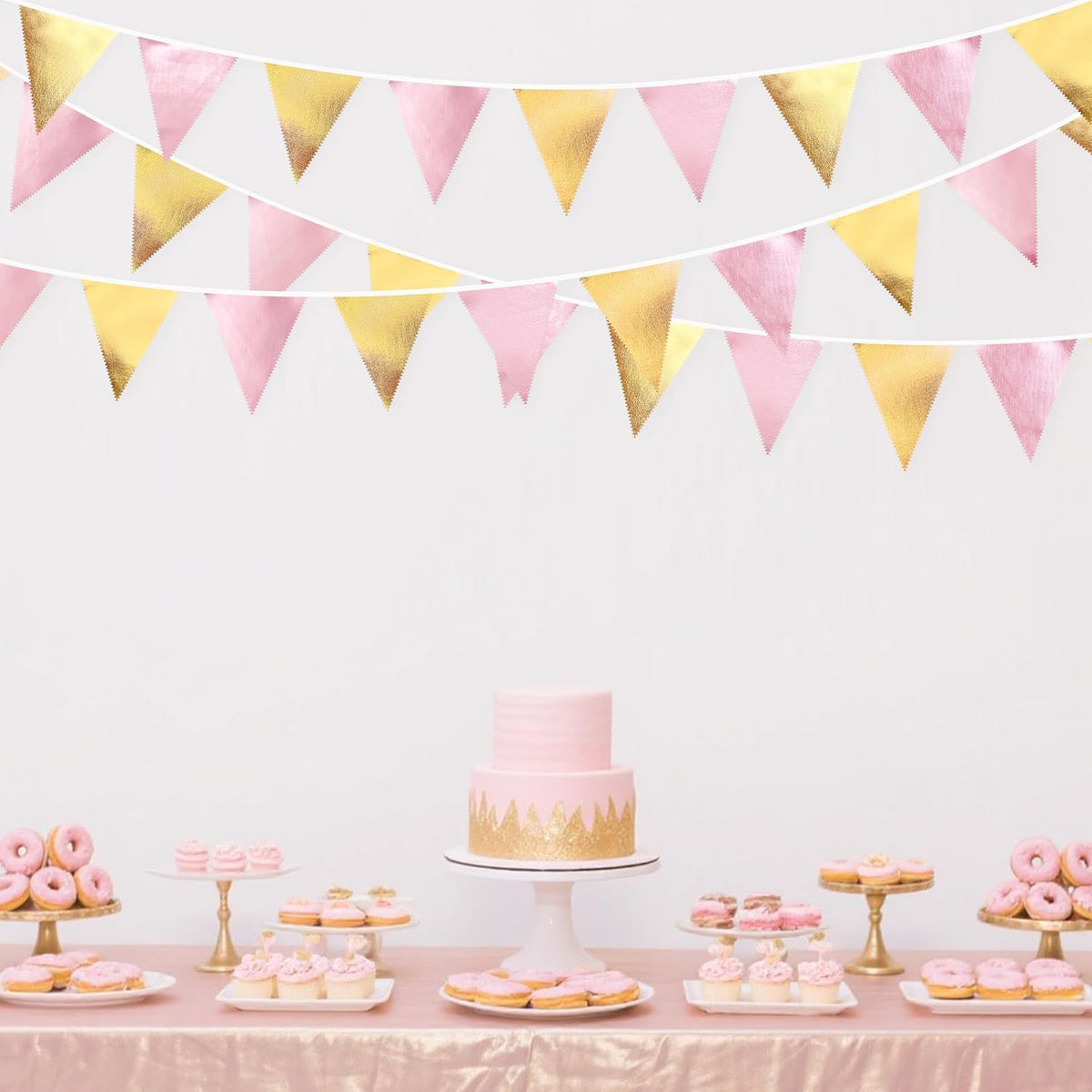 Pink Gold Party Decoration Metallic Fabric Light Pink Gold Triangle Pennant Banner Flag Bunting