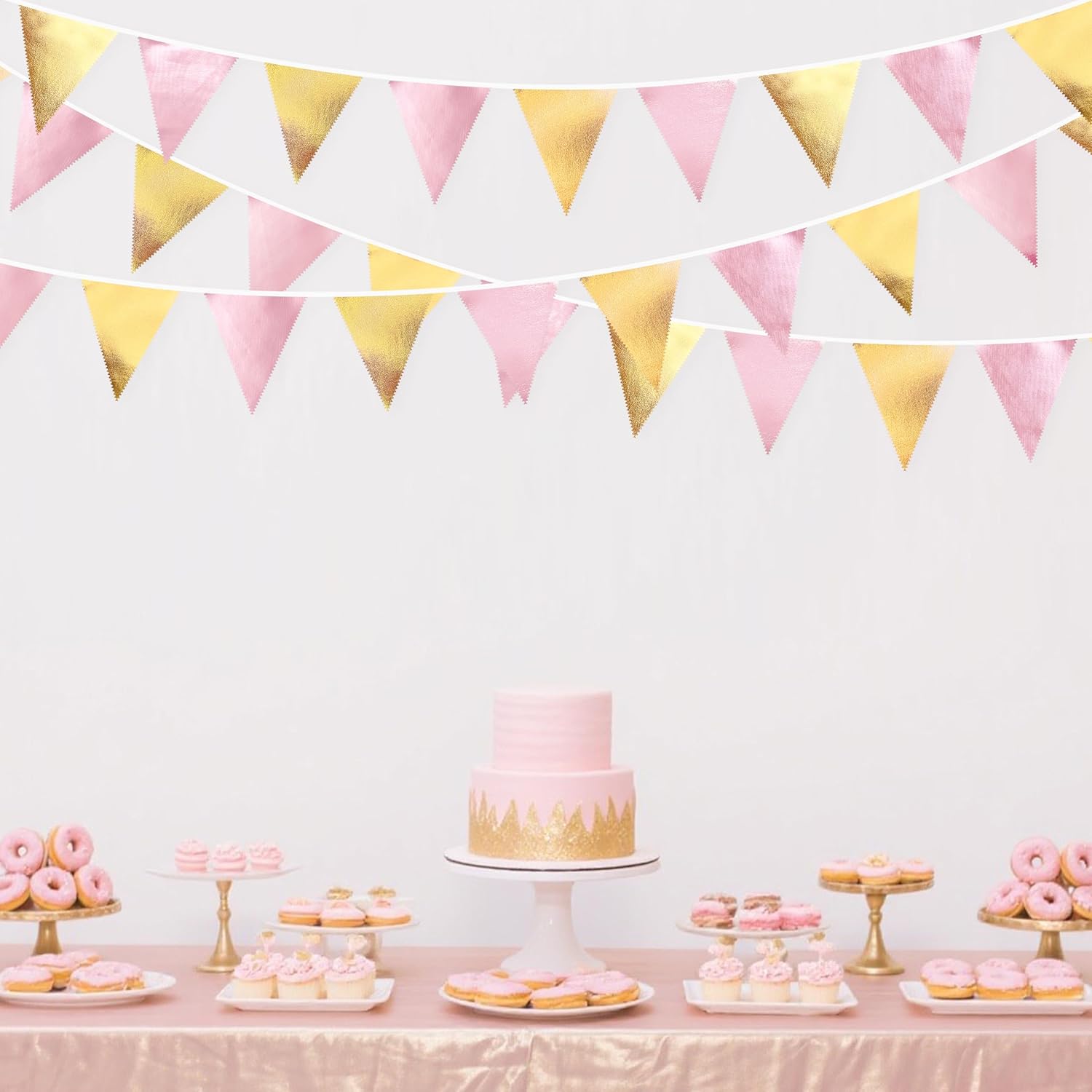 Pink Gold Party Decoration Metallic Fabric Light Pink Gold Triangle Pennant Banner Flag Bunting