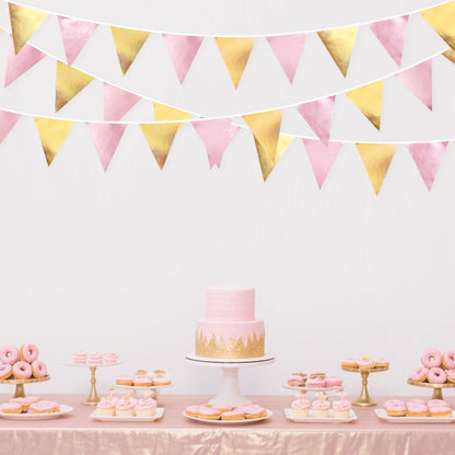 Pink Gold Party Decoration Metallic Fabric Light Pink Gold Triangle Pennant Banner Flag Bunting