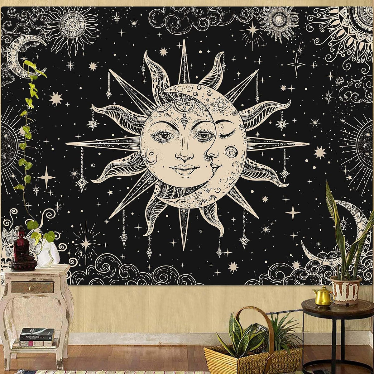 Lunerfex Sun and Moon Tapestry Mandala Wall Tapestry, Vintage Tapestries for Bedroom Ceiling