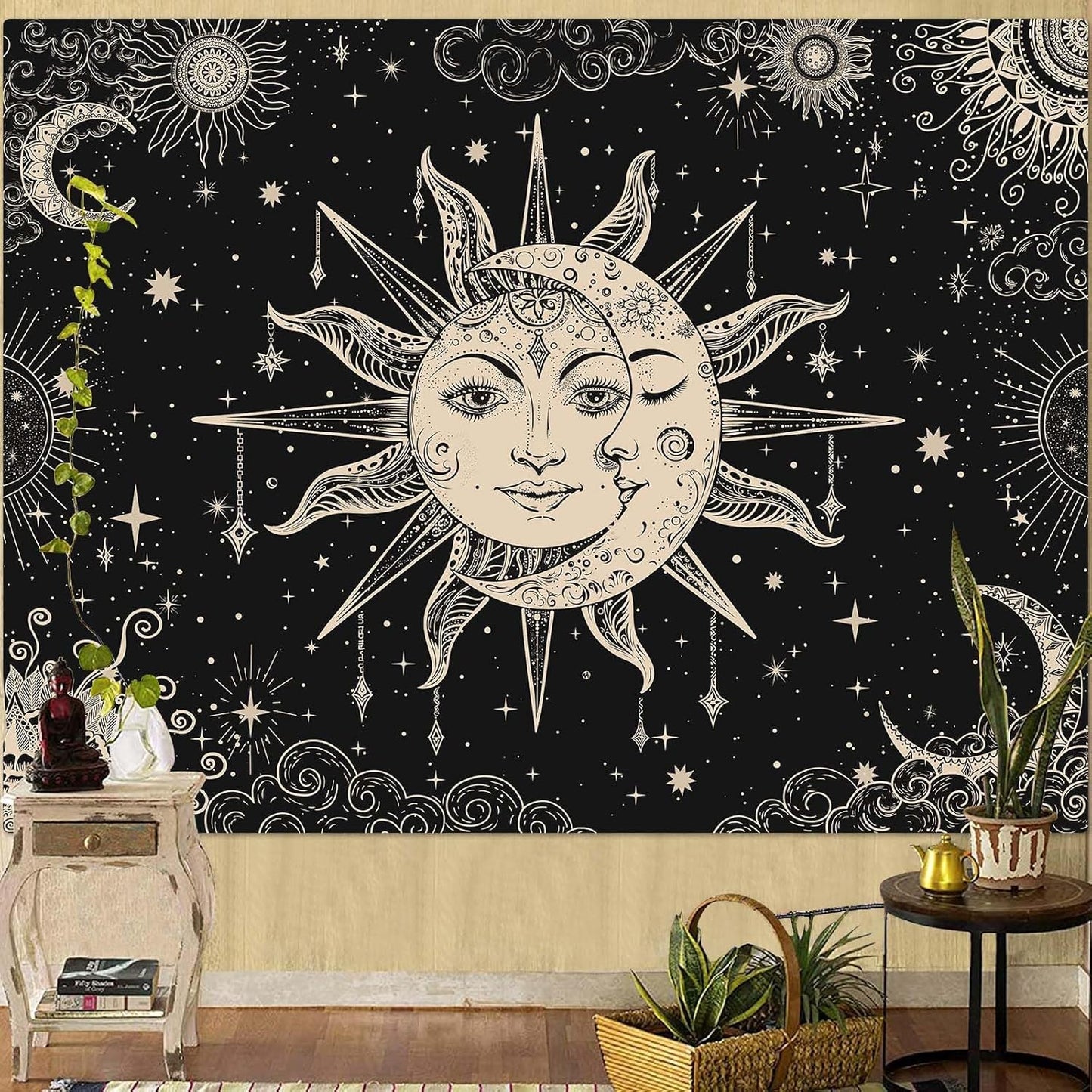 Lunerfex Sun and Moon Tapestry Mandala Wall Tapestry, Vintage Tapestries for Bedroom Ceiling