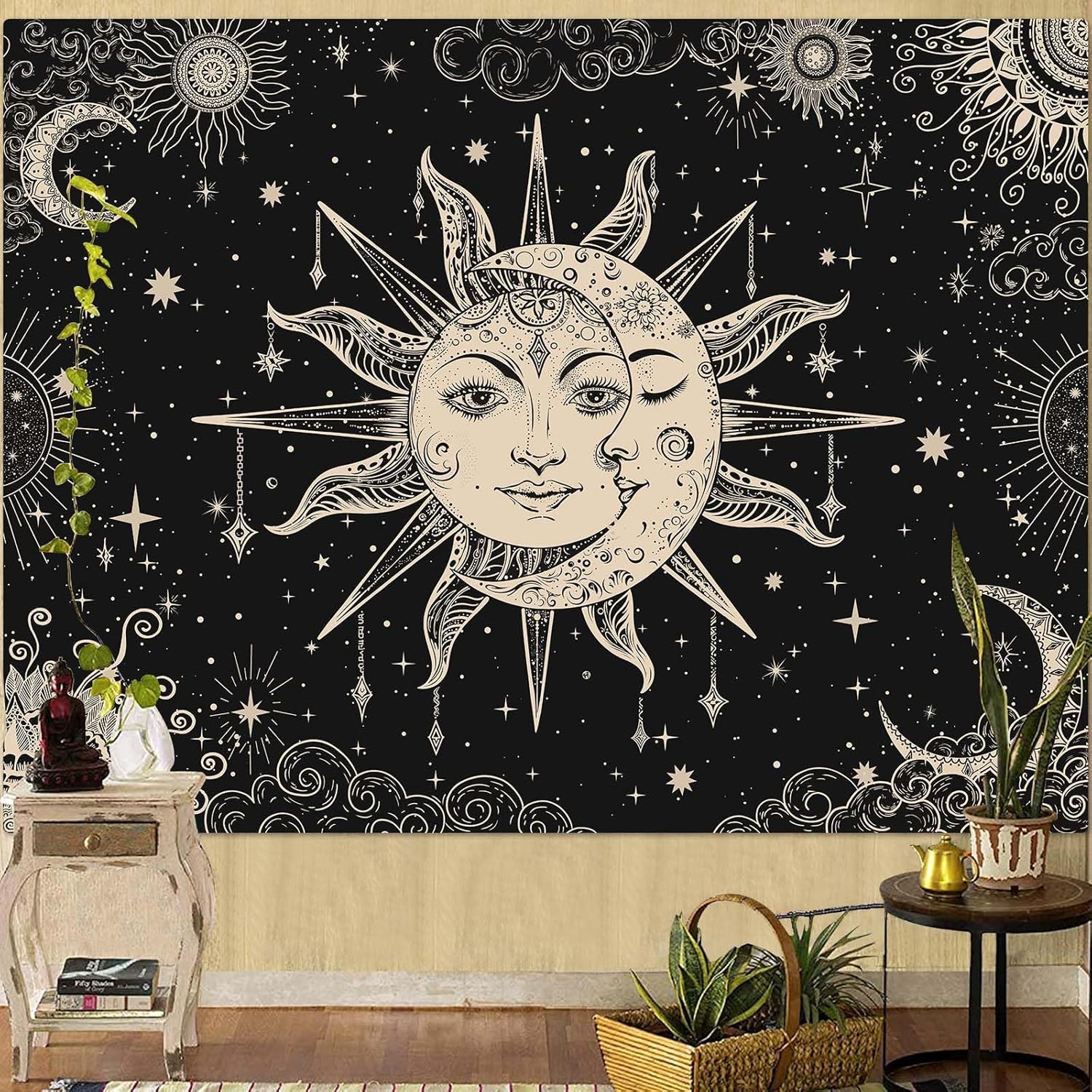 Lunerfex Sun and Moon Tapestry Mandala Wall Tapestry, Vintage Tapestries for Bedroom Ceiling