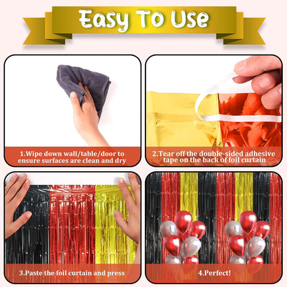 3 Pack 3.3 x 8.2 ft Red Black Gold Foil Fringe Backdrop Curtains, Tinsel Streamers Party