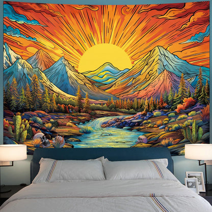 Serborlur Boho Sun Mountain Tapestry Trippy Forest Tree Tapestry Vintage Aesthetic Magic River