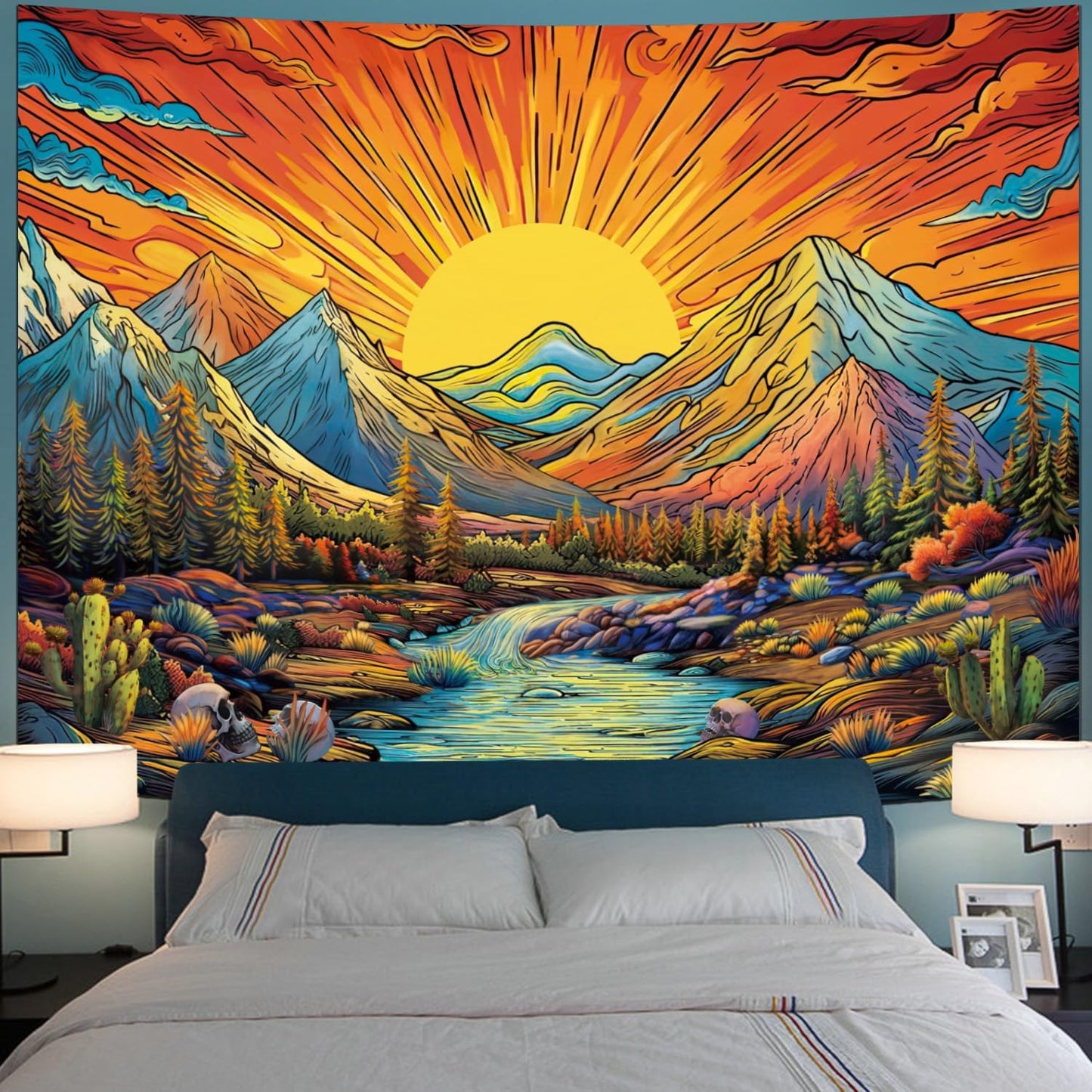 Serborlur Boho Sun Mountain Tapestry Trippy Forest Tree Tapestries Vintage Aesthetic Plant Magical
