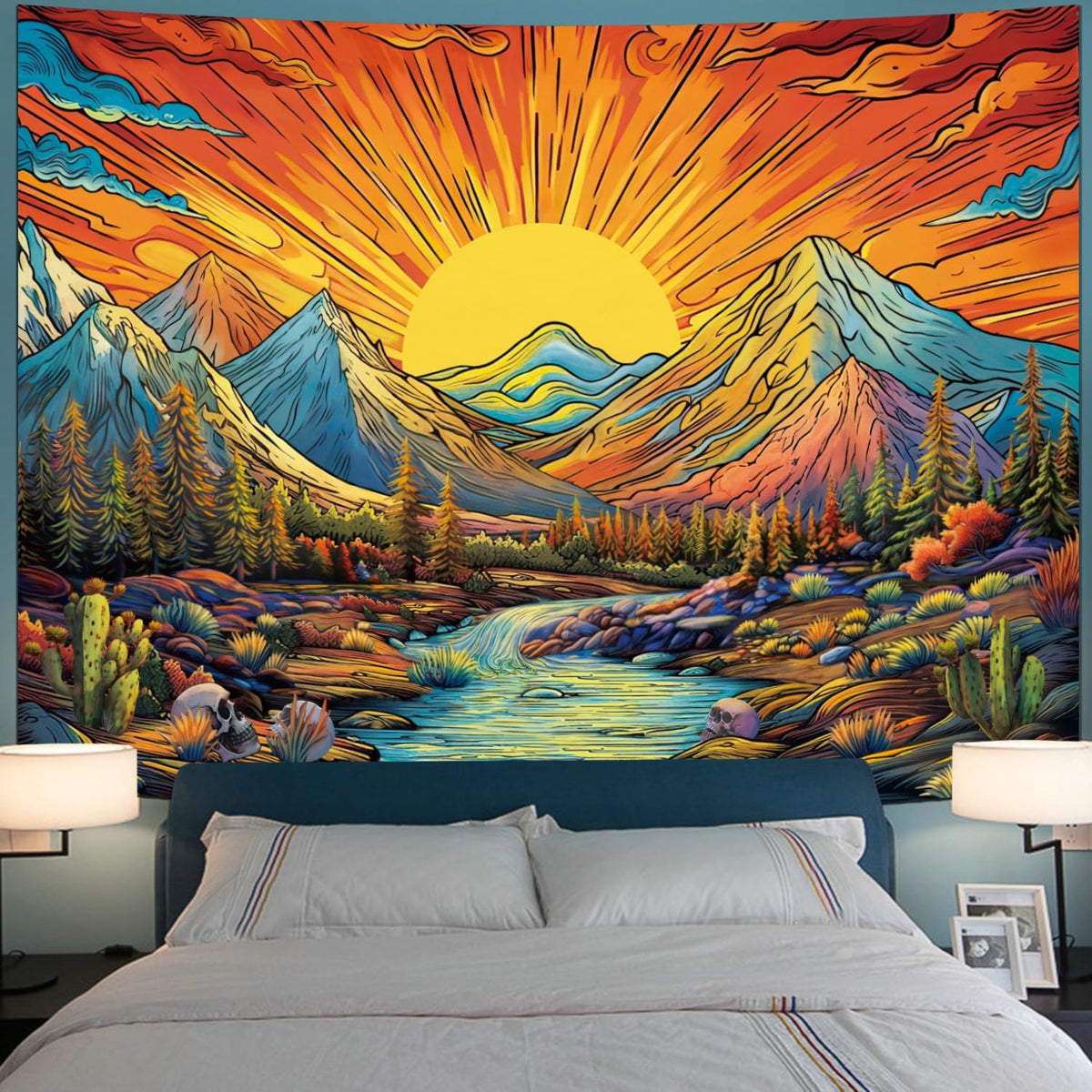 Serborlur Boho Sun Mountain Tapestry Trippy Forest Tree Tapestries Vintage Aesthetic Plant Magical
