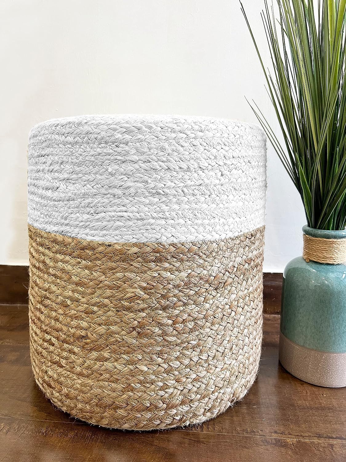 Jute Pouf Ottoman | Footrest Pouf | Hand Braided - Round Boho Pouffe - for Living Room, Bedroom