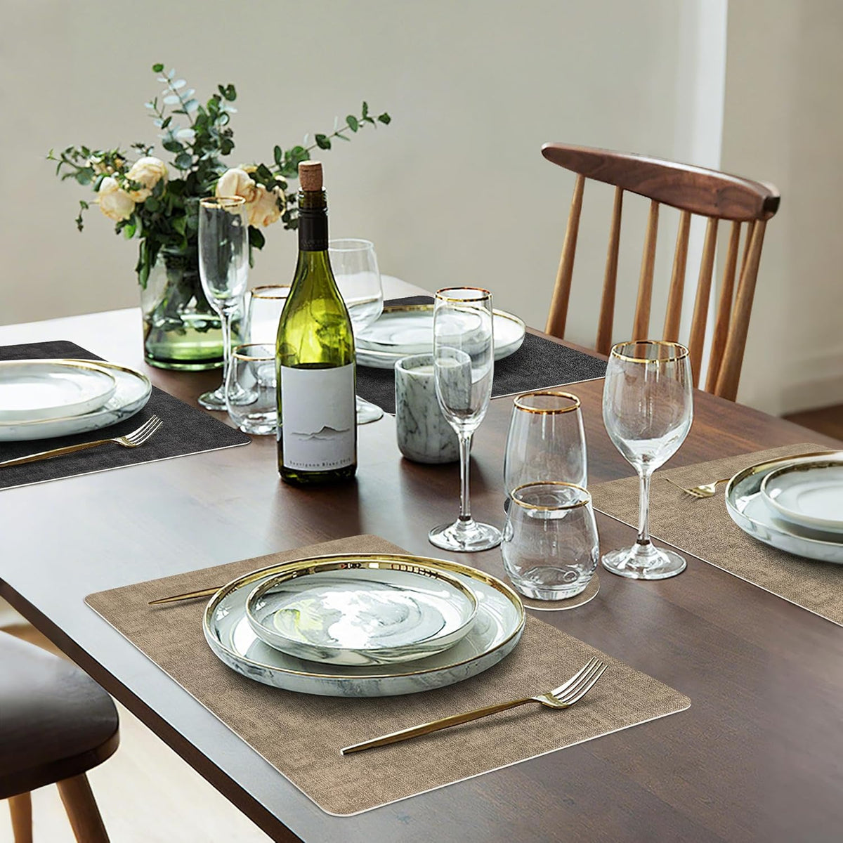 Faux Leather Dual Sided Placemats Set of 4, Square Non-Slip Heat Resistant Placemats with Coaster