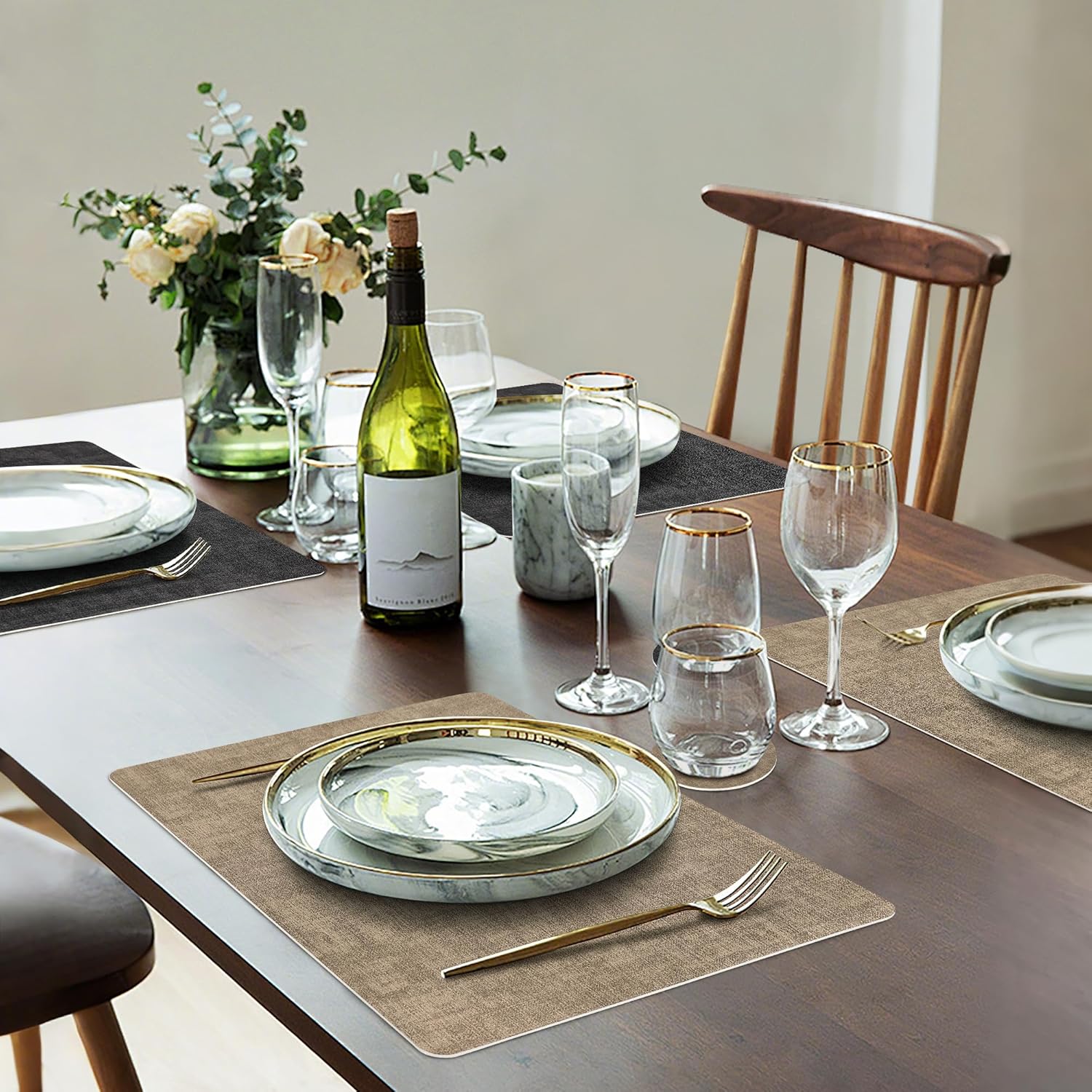 Faux Leather Dual Sided Placemats Set of 4, Square Non-Slip Heat Resistant Placemats with Coaster