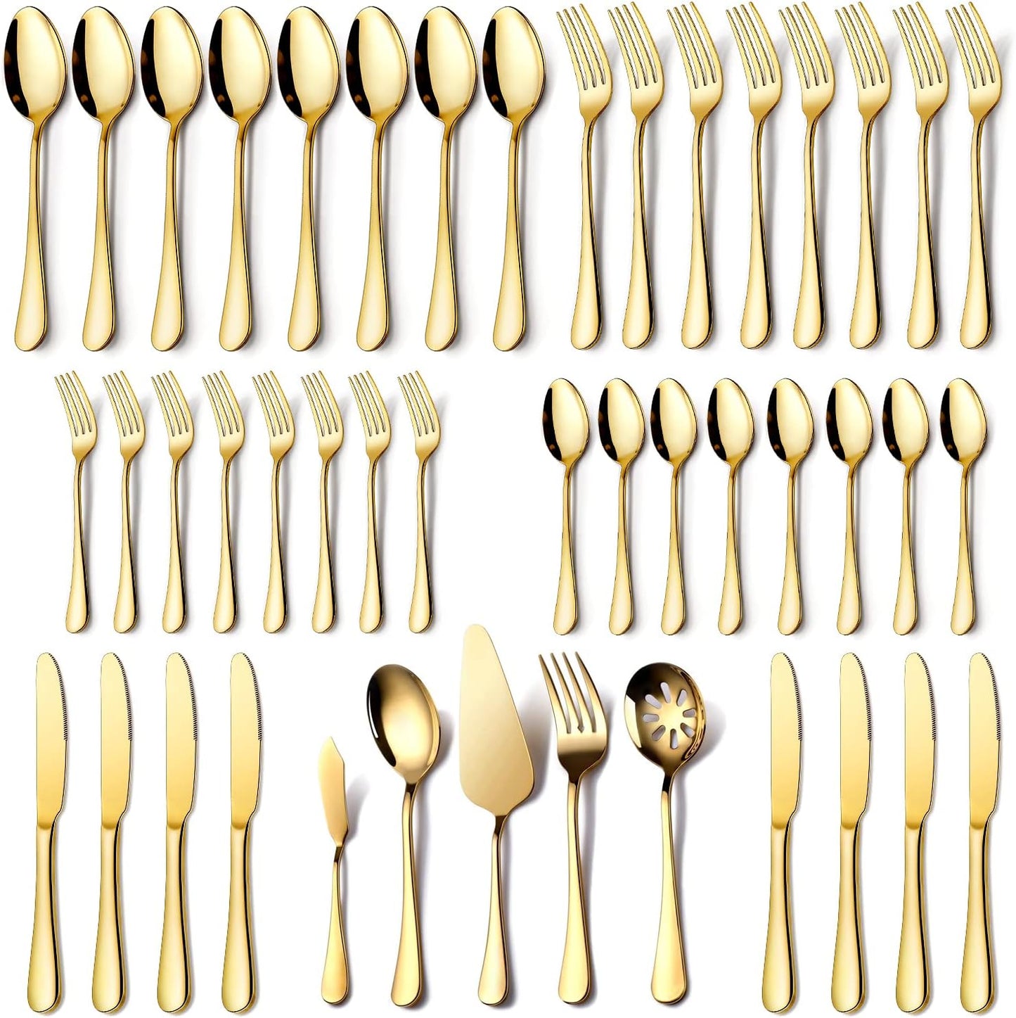 Gold Silverware Set for 8, OGORI 45-Piece Stainless Steel Flatware Set with Serving Set, Mirror