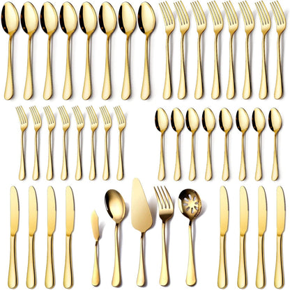 Gold Silverware Set for 8, OGORI 45-Piece Stainless Steel Flatware Set with Serving Set, Mirror