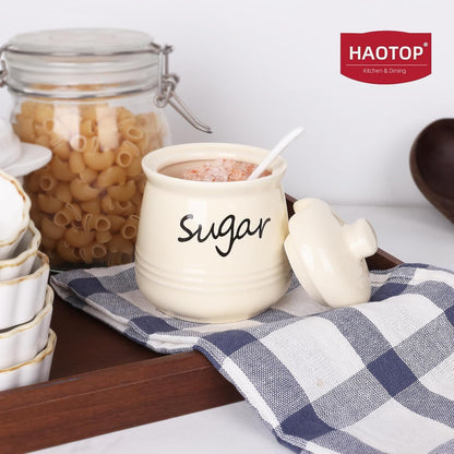 HAOTOP 12oz Sugar Bowl with Lid and Spoon,Ceramic Sugar Jar Sugar Dispenser Sugar Container Coffee