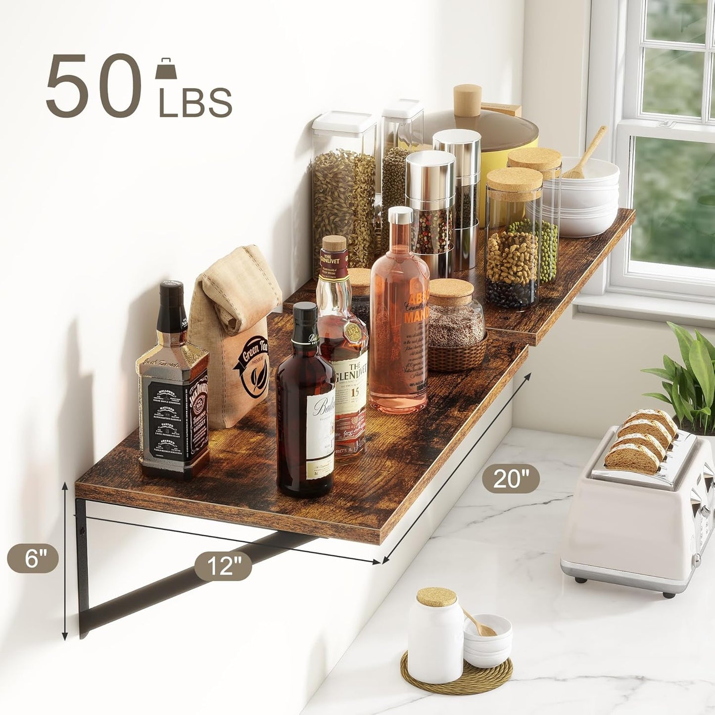 Fun Memories 20 Inch Floating Shelves, Deep Wall Shelves for Kitchen, 20 x 12 Floating Shelf for