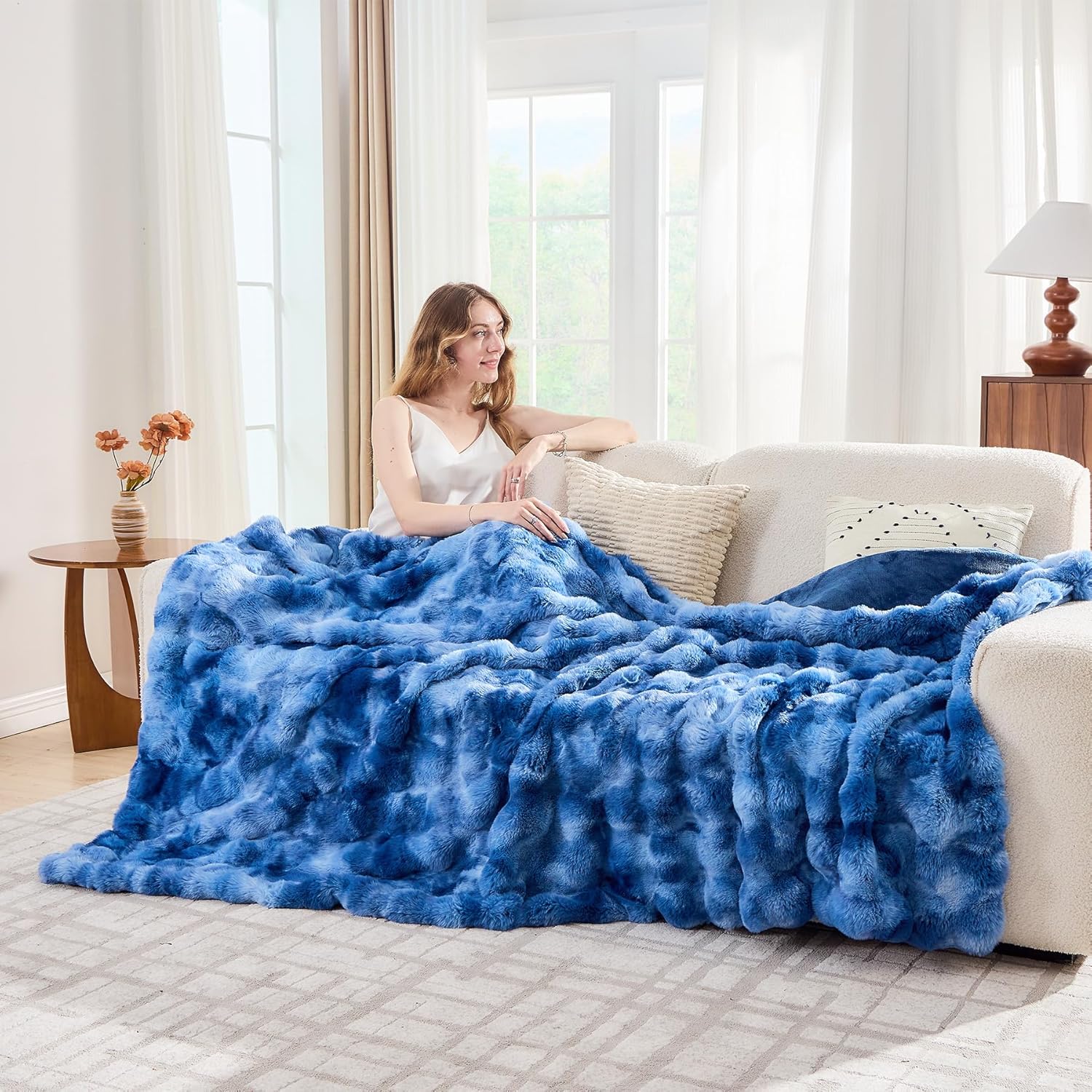 Lotus Karen Faux Fur Throw Blanket Tie-Dye Blue-Big Bubble Rabbit Fluff Blanket for Couch,Small