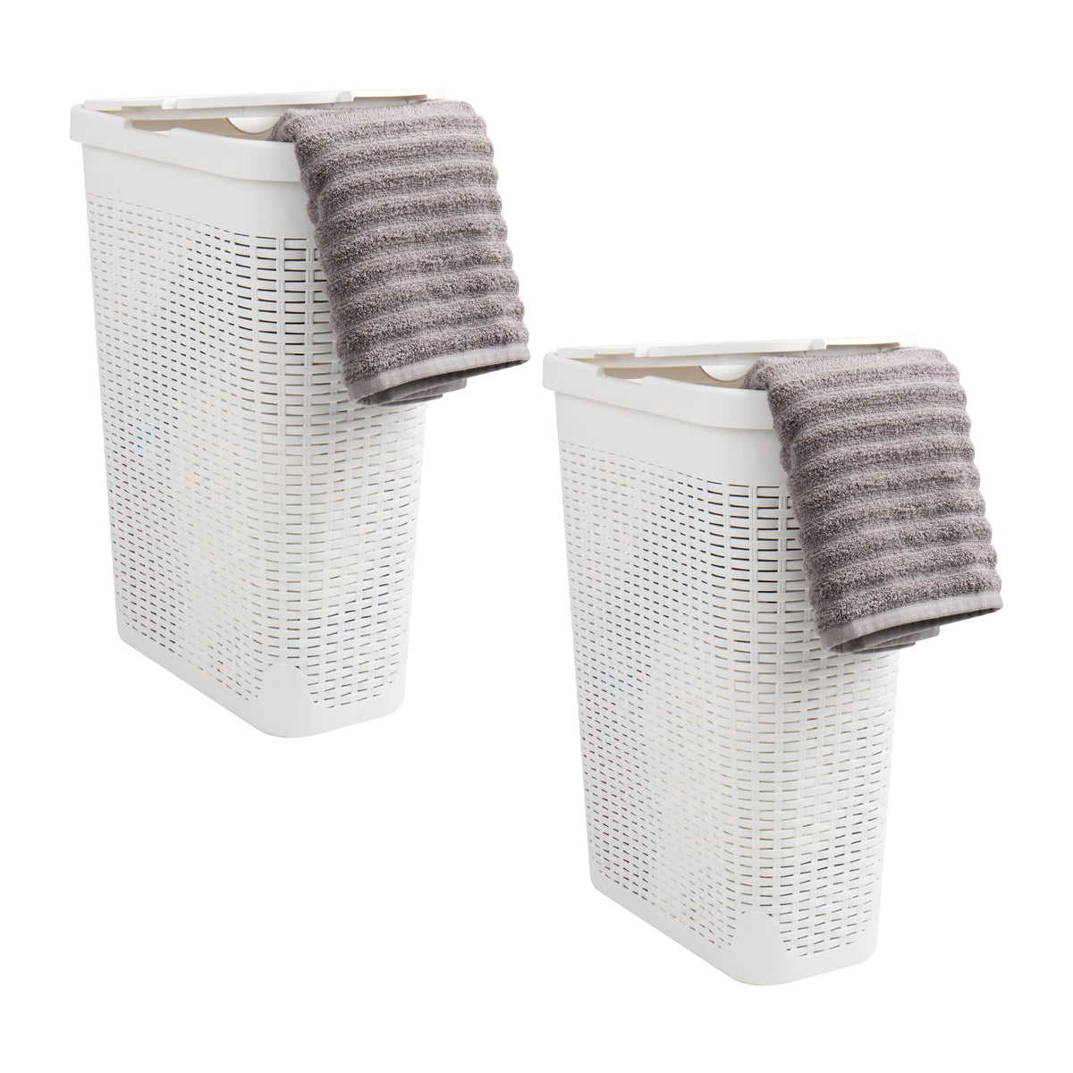Mind Reader 40L Slim Laundry Hamper with Lid, Narrow Clothes Baskets, Set of 2, White