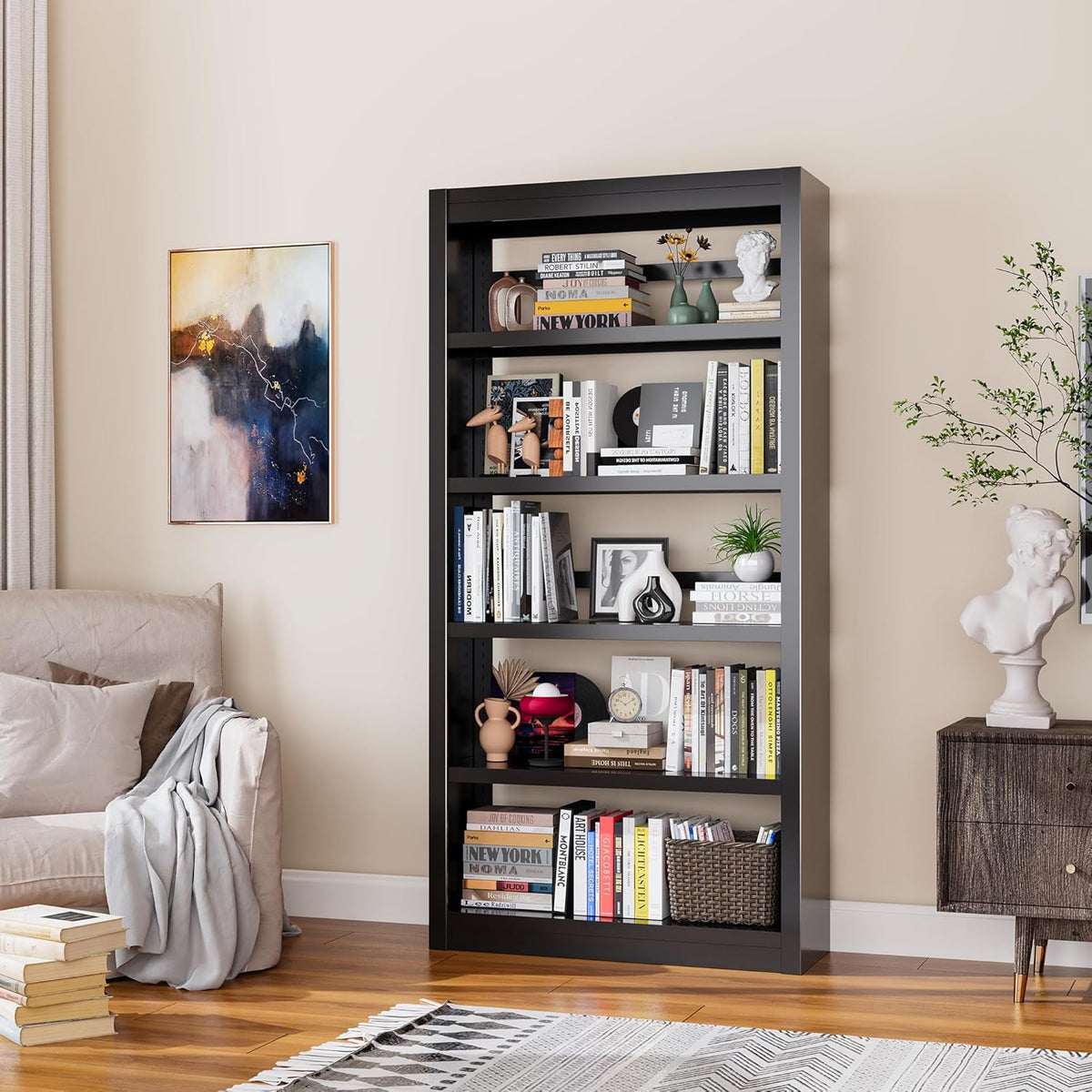 Bookcase, 5-Shelf Industrial Bookshelf, Large Storage Space, Adjustable Bookshelves, Perfect for