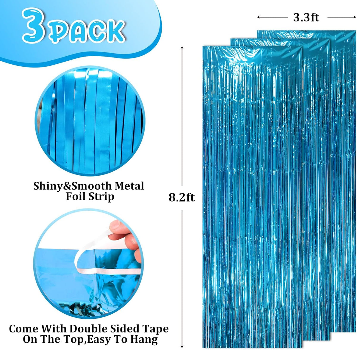 3 Pack 3.3 x 8.2 ft Retro Blue Foil Fringe Backdrop Curtains, Tinsel Streamers Party Decorations