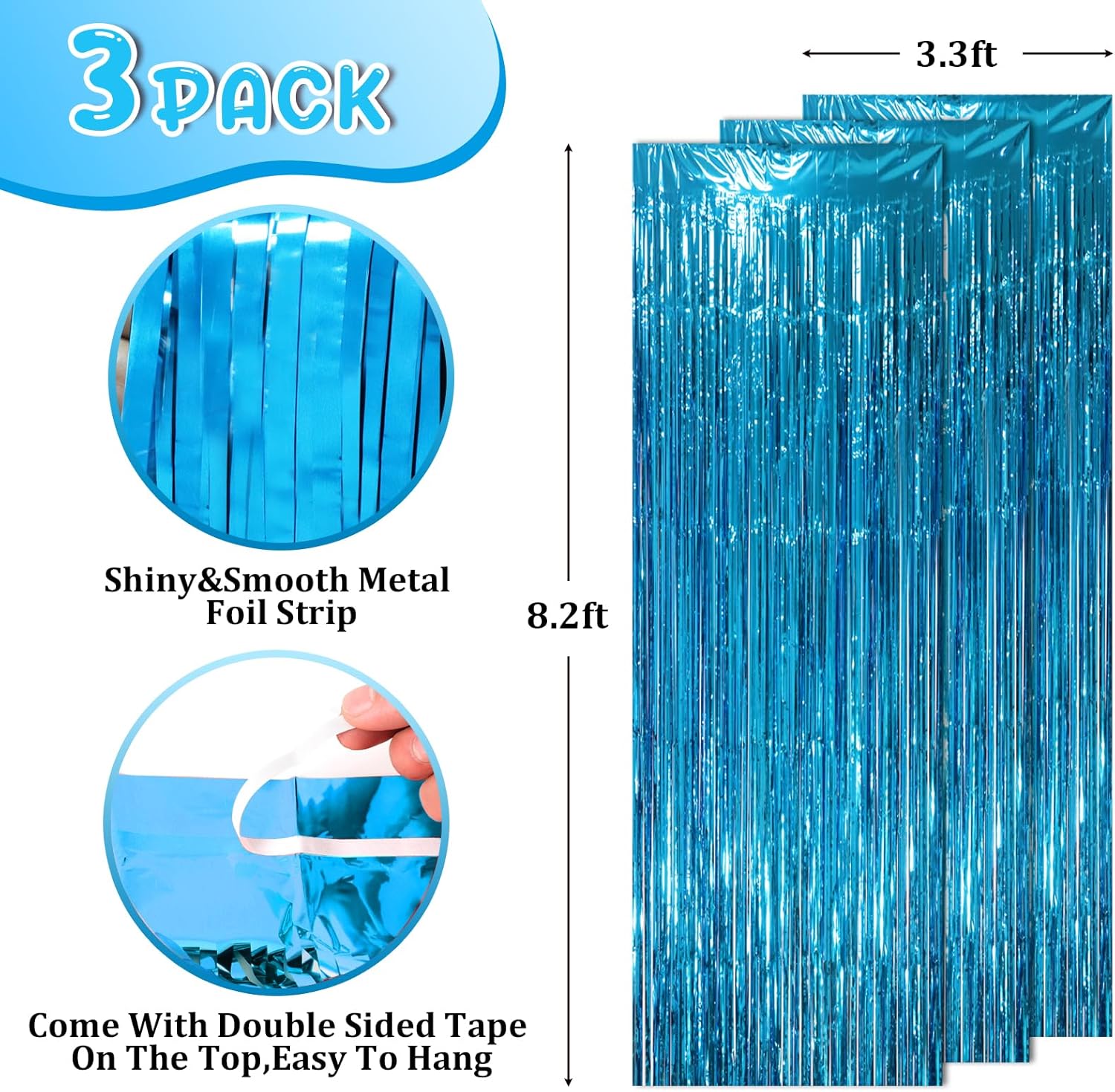 3 Pack 3.3 x 8.2 ft Retro Blue Foil Fringe Backdrop Curtains, Tinsel Streamers Party Decorations