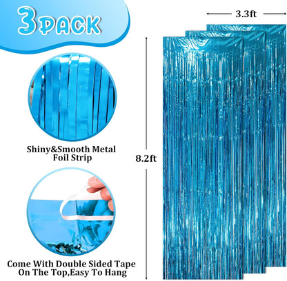 3 Pack 3.3 x 8.2 ft Retro Blue Foil Fringe Backdrop Curtains, Tinsel Streamers Party Decorations