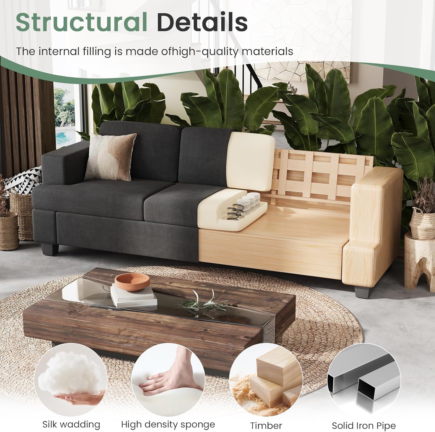Sofa, 89" 3-Seater Deep Seat Sofa, Modern Comfy Couches for Living Room Apartment Lounge, Dark Grey