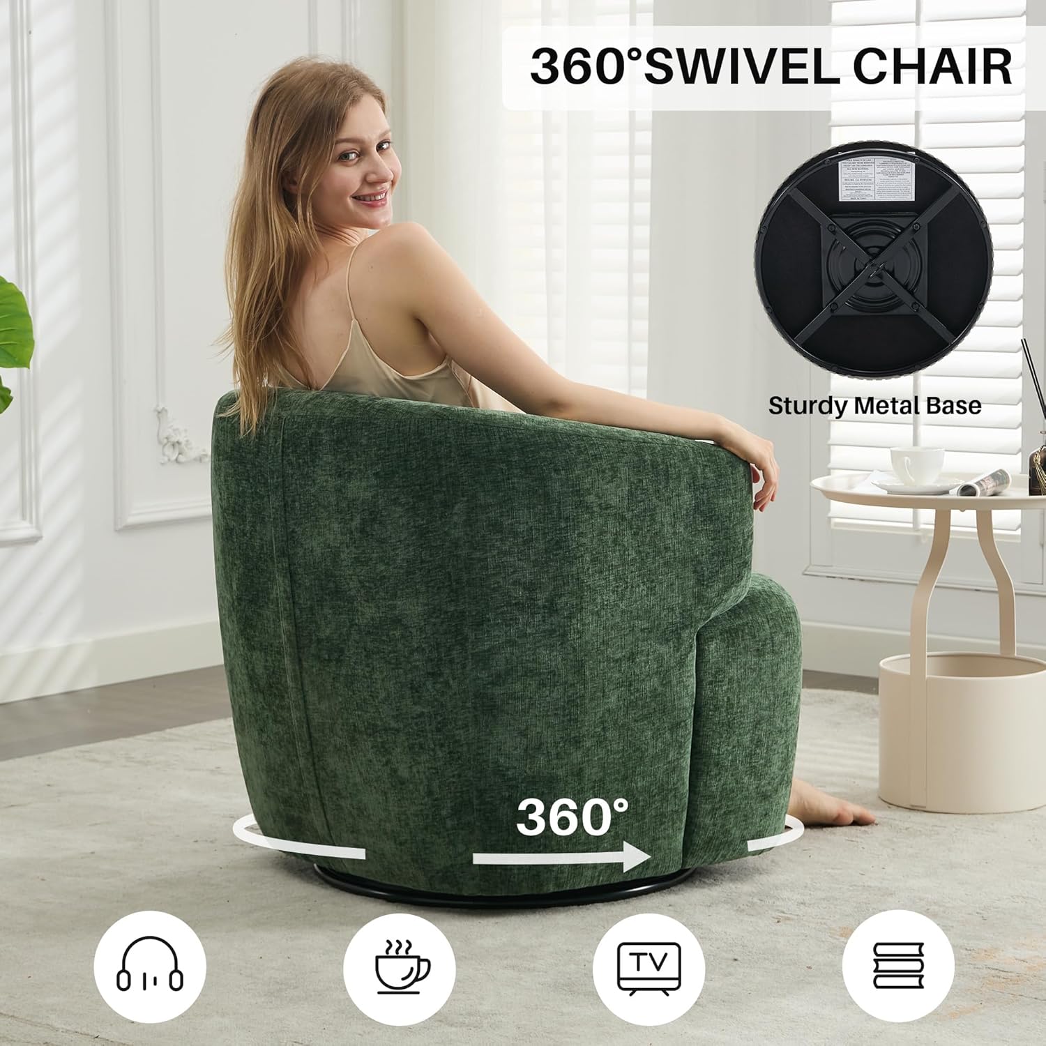 Swivel Accent Chair, Chenille Barrel Chair for Living Room, Cozy Round Boucle Arm Chair, Metal Base