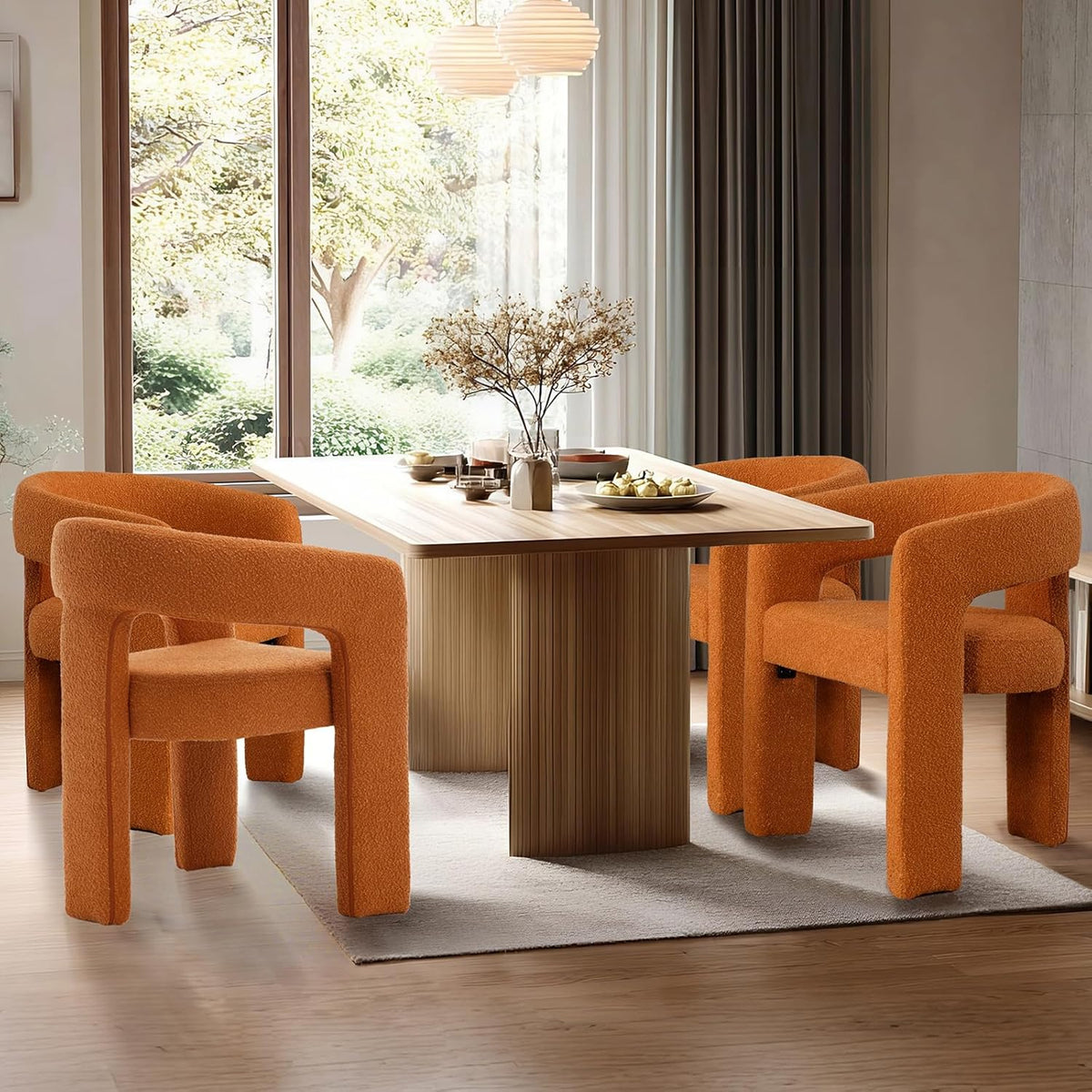 Orange Sherpa Dining Chairs Set of 4, Modern Barrel Dining Room Chairs Upholstered Faux Fur Accent