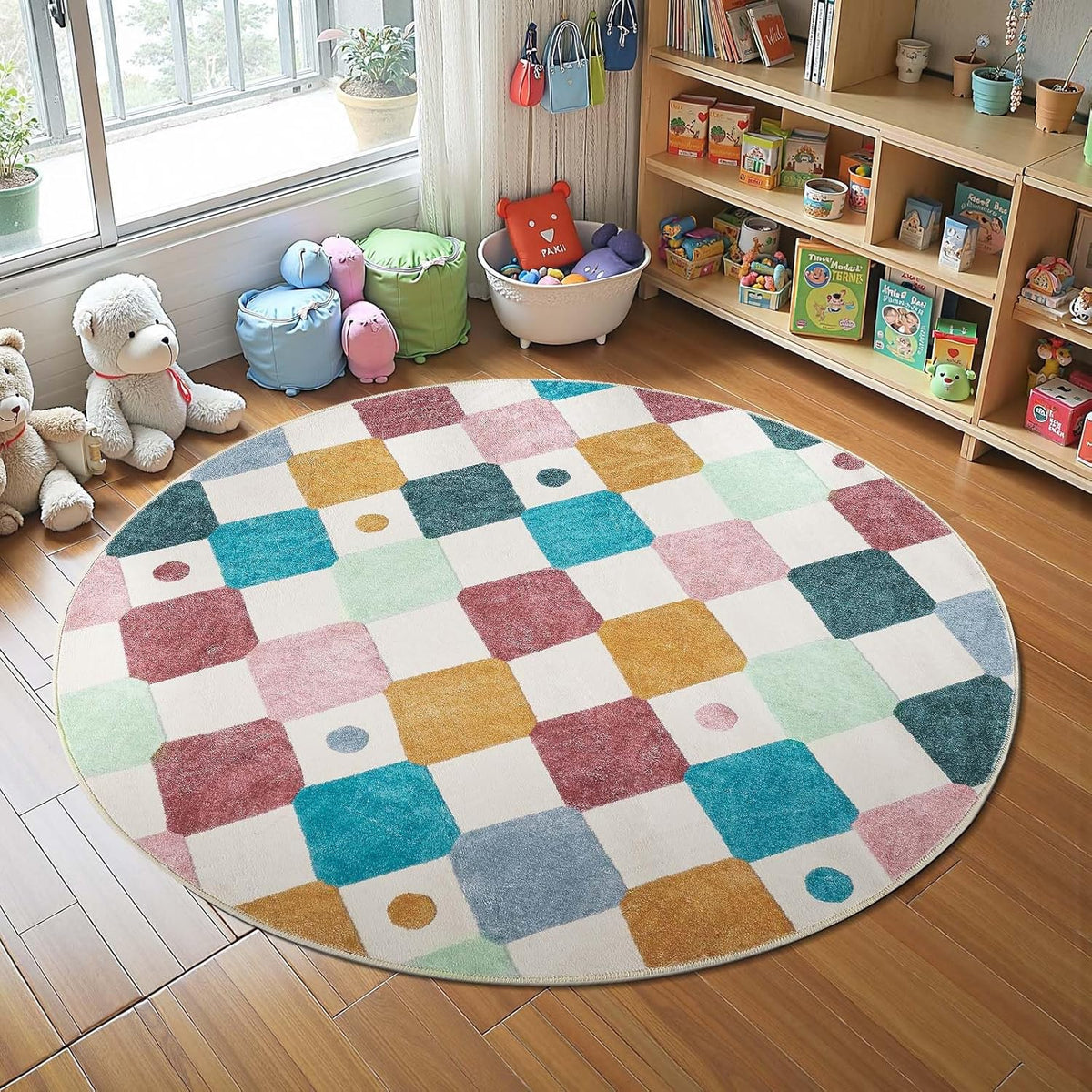 jinchan Round Rug 5ft Kids Washable Rug Indoor Floor Cover Non-Slip Soft Elementary School