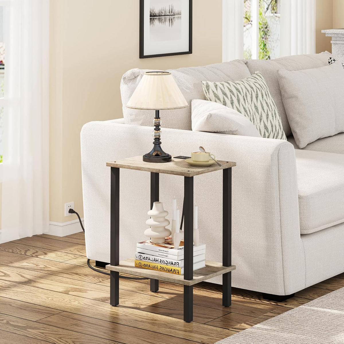 TUTOTAK End Table with Charging Station, Set of 2, Small Side Table, Nightstand Bedside Table