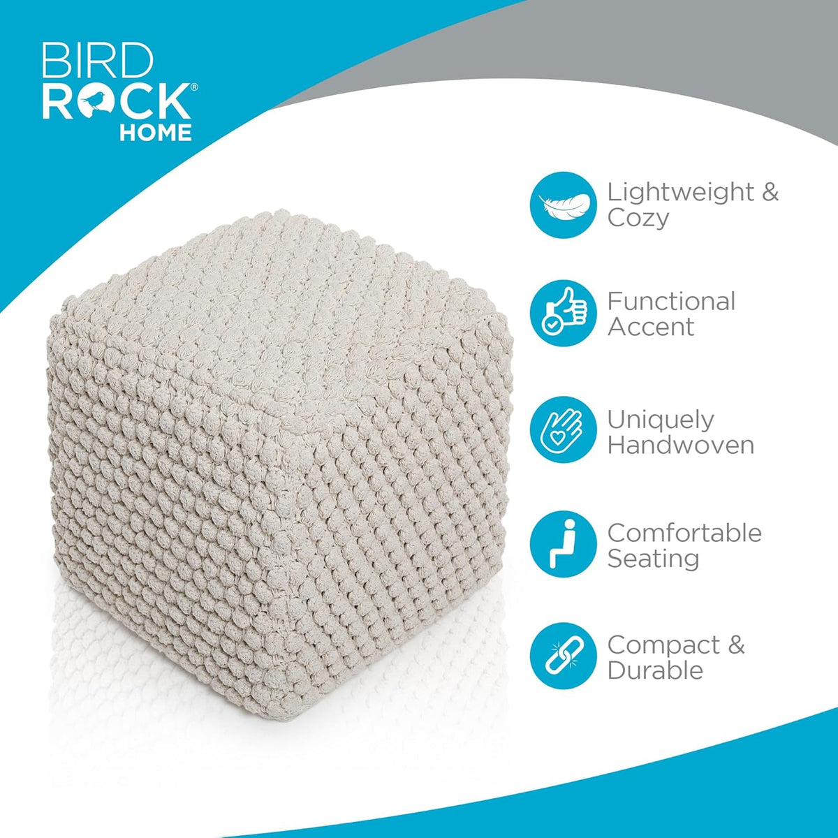 BIRDROCK HOME Bud Pouf Foot Stool Ottoman - Knit Bean Bag Floor Chair - Cotton Braided Cord - Great