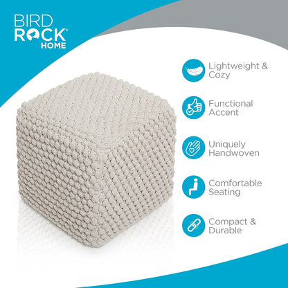BIRDROCK HOME Bud Pouf Foot Stool Ottoman - Knit Bean Bag Floor Chair - Cotton Braided Cord - Great