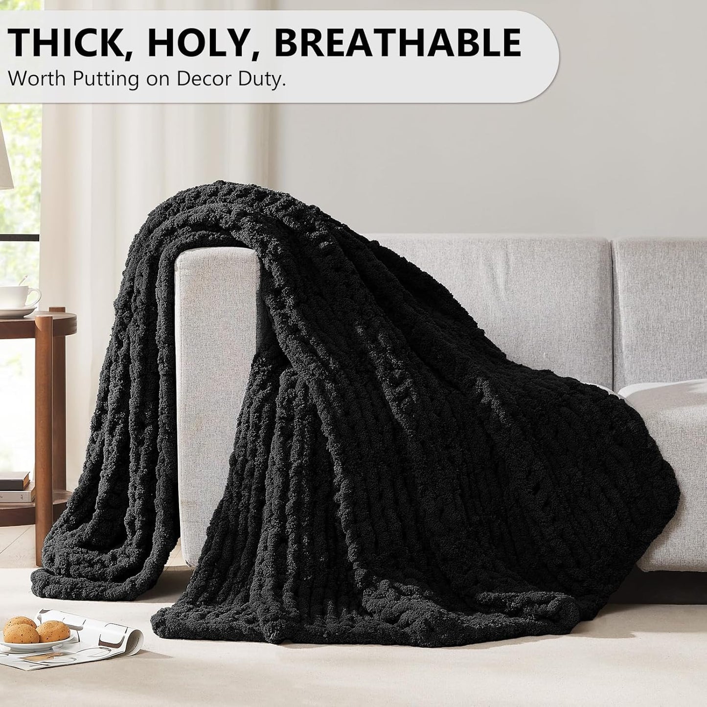 L'AGRATY Chunky Knit Blanket Throw: Soft Chenille Yarn Throw Blanket 50x60 - Handmade Thick Cable