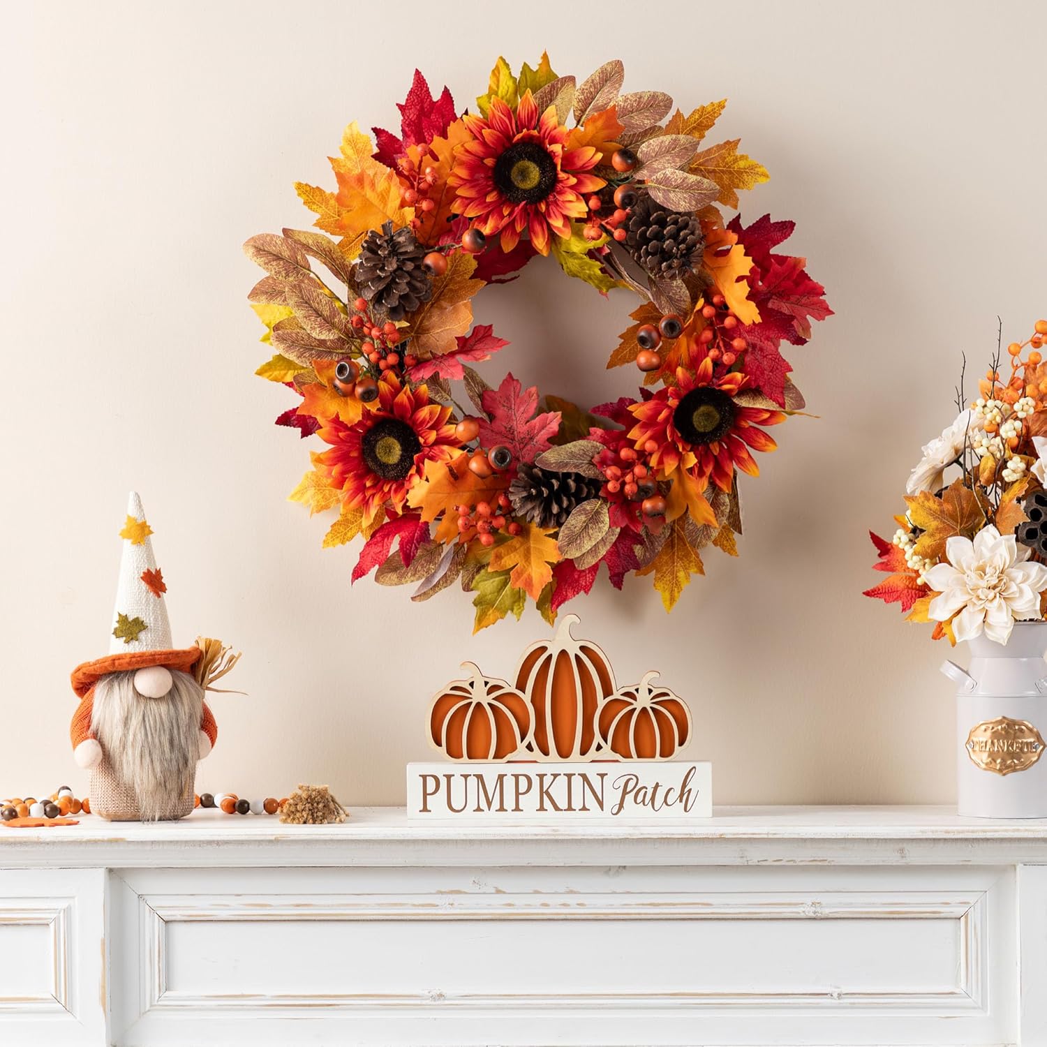 Glitzhome 24''D Fall Wreath with Hanger, Artificial Autumn Wreath for Front Door with Sunflower