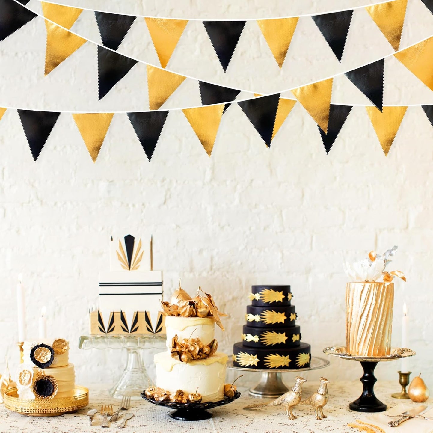 Black and Gold Party Decorations Triangle Pennant Banner Flag Metallic Fabric Bunting Garland for
