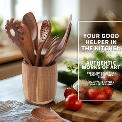 9 PCS Kitchen Utensils Set - Wooden Spoons for Cooking, Natural Teak Wooden Utensils - Includes
